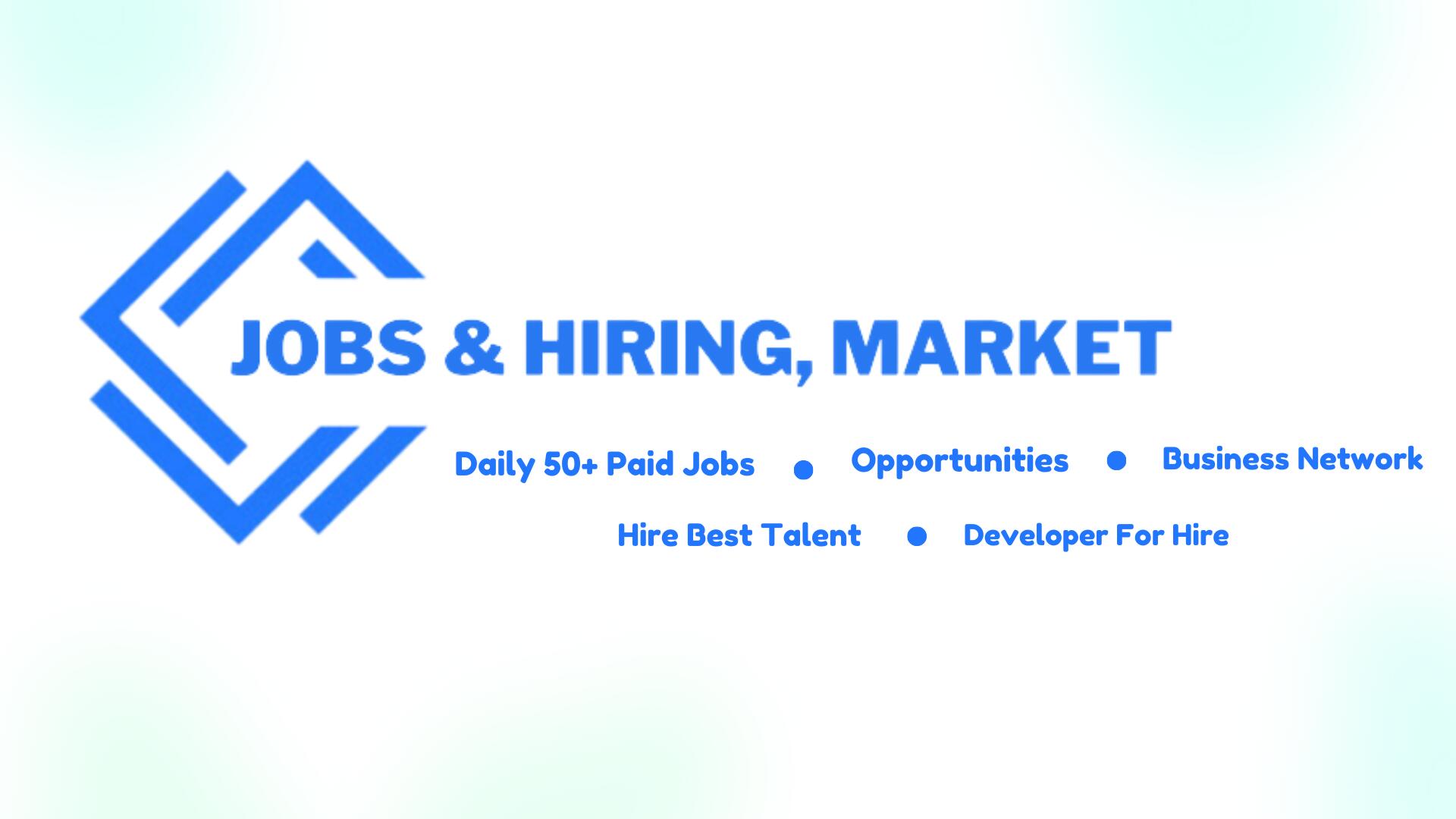 Discovery splash banner for Jobs & Hiring Market (Business · Freelancing · Jobs · SMMA · Earn · Hire · Networking · Development) Discord server